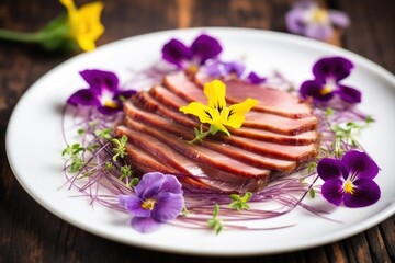 Obraz na płótnie Canvas smoked duck fillet adorned with purple edible flowers