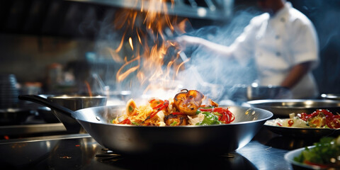 Gourmet food being prepared in restaurant kitchen, with hot frying pan and flames