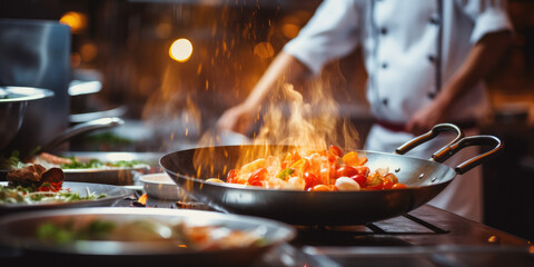 Gourmet food being prepared in restaurant kitchen, with hot frying pan and flames - obrazy, fototapety, plakaty