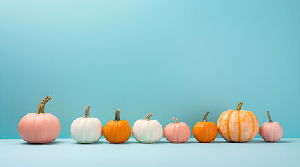 Small orange, white and pink pumpkins on pastel blue background