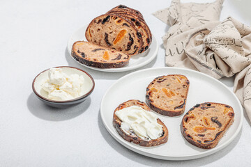 Sweet bread with raisins, dried apricots, dates, figs. Healthy ingredient for sandwiches, breakfast