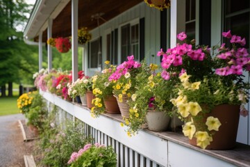 Fototapeta na wymiar farmhouse porch decorated with pots of blooming flowers