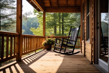 rocking chair on a cabins wood plank porch