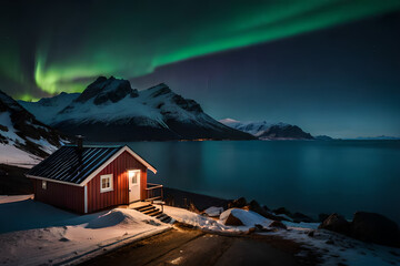 Norwegian houses on the background of the Northern lights. Generative AI