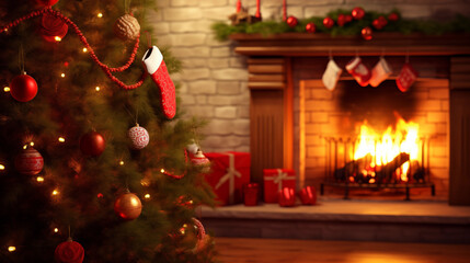 Fototapeta na wymiar Christmas Xmas socks hanging on the fire place, with decorations