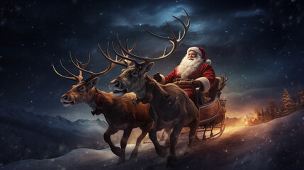 Christmas Santa Claus on sledge pulled by rein deers - obrazy, fototapety, plakaty