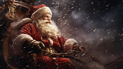 Christmas Santa Claus on sledge pulled by rein deers