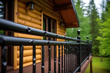 detail of balcony railing patterns on log cabin