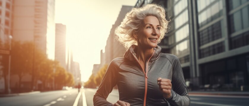 Senior woman going for a run, old woman living a healthy lifestyle for longevity on road in city in morning, glass building background, Generative AI