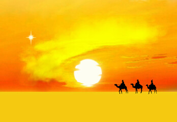 Reyes Magos, ilustración, navidad, sol, cielo anaranjado