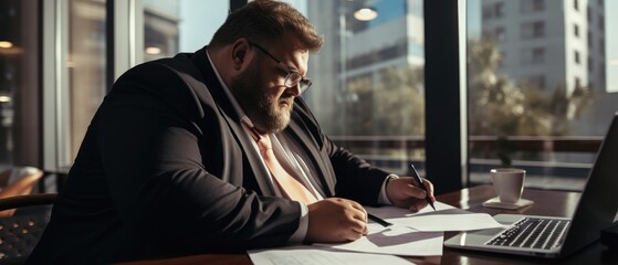 Plus size business man, fat man note and check on financial paper in office, Generative AI