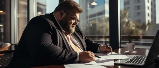 Photo sur Plexiglas Brésil Plus size business man, fat man note and check on financial paper in office, Generative AI