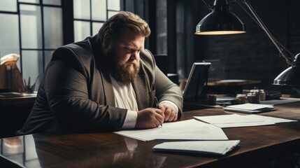 Plus size business man, fat man note and check on financial paper in office, Generative AI - obrazy, fototapety, plakaty