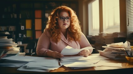 Plus size business woman, fat girl manager note and check on financial paper in office, Generative AI