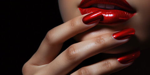 Glamorous red painted finger nails against red sultry lipstick - obrazy, fototapety, plakaty