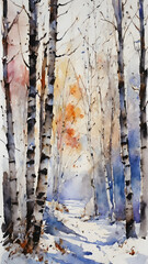 Watercolor or oil painting style birch tree in winter created with artificial intelligence