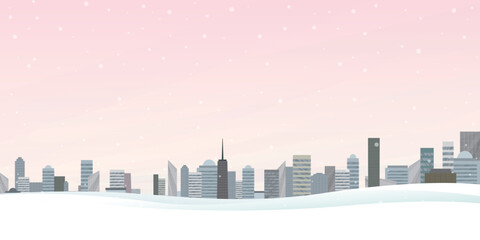 Fototapeta na wymiar Cityscape with snowfall and vanilla sky vector illustration have blank space. Buildings silhouette against the sky in winter flat design.