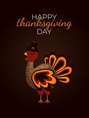 Happy thanksgiving day card. Thanksgiving card with turkey. Vector flat illustration