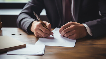 Close view of a man in a suit writing by hand
