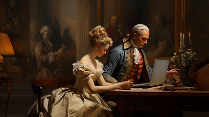 Painting of an 18th century lady and gentleman using a computer