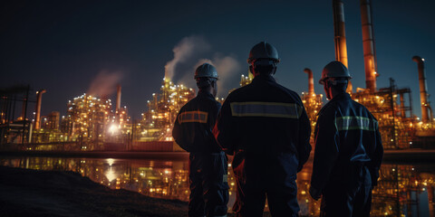 Workmen standing in front of oil refinery at night with lights blazing 