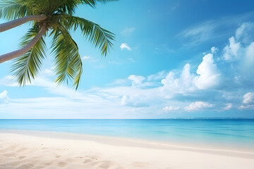 Fototapeta premium tropical beach view at sunny day with white sand, turquoise water and palm tree. Neural network generated image. Not based on any actual scene or pattern.