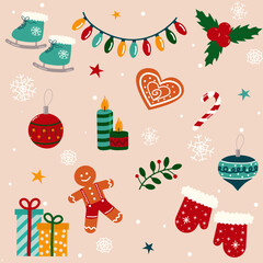 Merry Christmas set concept. Cute set with Christmas tree toys, skates, gifts, candles, garland, snowflake and gingerbread. Vector flat illustration