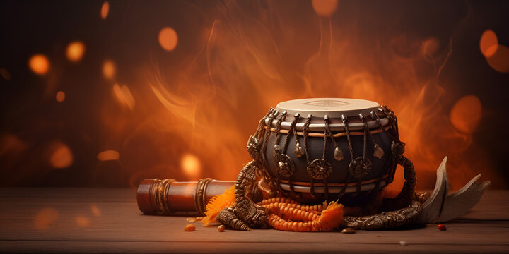 Tabla classical drums in an ornate setting stock phot a brown tabla on wooden like surface with fire like light background 