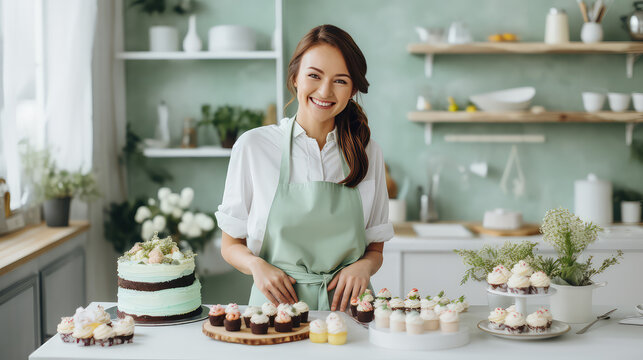 Homemade pastry shop. Happy young female pastry chef preparing a delicious birthday cake in the kitchen. 