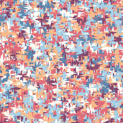 Seamless geometric pattern with interlocking multicolored small jagged pieces in red, white, blue, and yellow. Modern puzzle style camouflage design. Abstract background. Vector illustration.