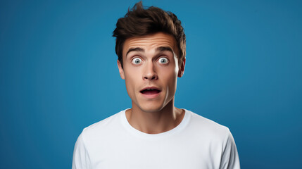 Naklejka premium A male model on a blue studio background, looking surprised and amazed, wearing a white t-shirt.