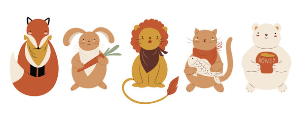Set with adorable and simple baby animals, preparing to eat, wearing bibs. Childish vector illustration