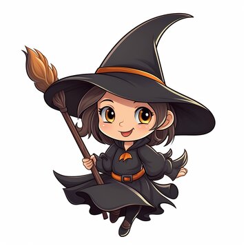 illustration of cute cartoon illustration witchs broomstick flat vector, Generative ai