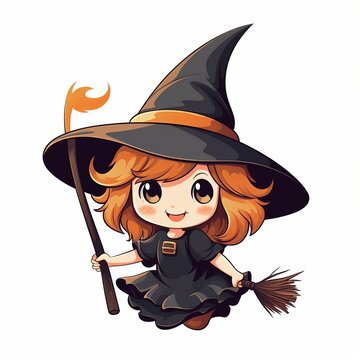 illustration of cute cartoon illustration witchs broomstick flat vector, Generative ai