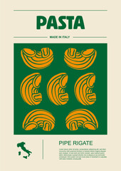 Italian macaroni types, labels for packages set. Pipe rigate pasta. Organic and natural product, gourmet ingredient for cooking dishes. Handmade and tasty. Vector in flat style
