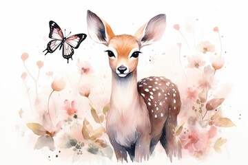 Peaceful White-Spotted Deer in a Field of Pink Flowers with Butterfly