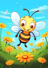 cartoon bee, cute bee, illustration, insect, eats honey, collects pollen and nectar, beekeeping consept