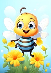 cartoon bee, cute bee, illustration, insect, eats honey, collects pollen and nectar, beekeeping consept