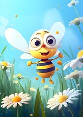 cartoon bee, cartoon character, cute bee, illustration, kind insect, eats honey, collects pollen and nectar, beekeeping