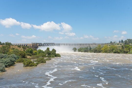 Vaal dam in South Africa with open sluice gates