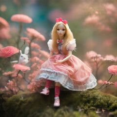 Wonderland. A little girl in a wonderful country, a magical forest of toys, bunnies and fairies
