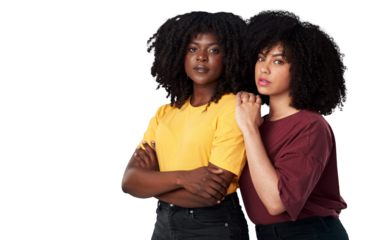 Black women, serious and portrait of friends together for fashion, empowerment or freedom. Young african people isolated on a transparent, png background for motivation, cosmetics and support or care