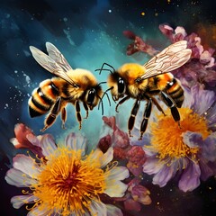 illustration of a bee collecting pollen and nectar from flowers, beekeeping