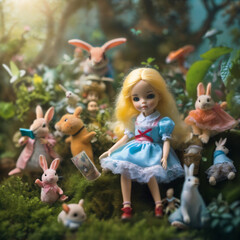 Wonderland. A little girl in a wonderful country, a magical forest of toys, bunnies and fairies
