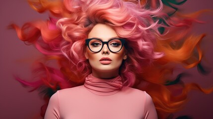 beautiful woman with colorful hair and cloths wearing glasses in Stylish posing as supermodel on pink studio background,  Generative AI