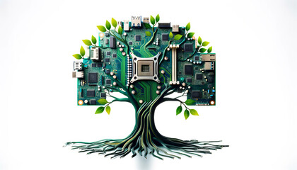 motherboard tree on a white background, its branches sprawling out with circuit-patterned leaves. The tree trunk is made of intertwined cables,