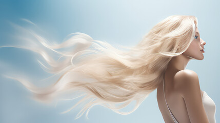 Long female hair fluttering in the wind on flat color background with copy space. Beautiful healthy hair. 