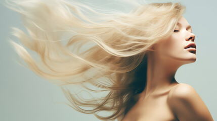 Naklejka premium Long female hair fluttering in the wind on flat color background with copy space. Beautiful healthy hair. 