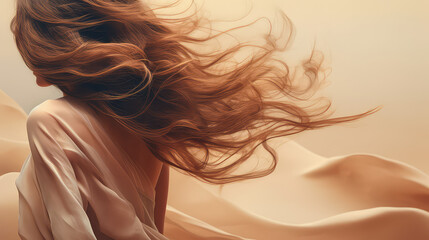 Naklejka premium Long female hair fluttering in the wind on flat color background with copy space. Beautiful healthy hair. 