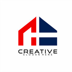 Real Estate logo design with British flag concept. Illustration of a geometric abstract house with a hammer in negative space.
